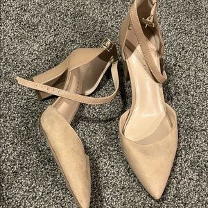 Kelly & Katie Pointed Ankle-Strap Heels in Beige